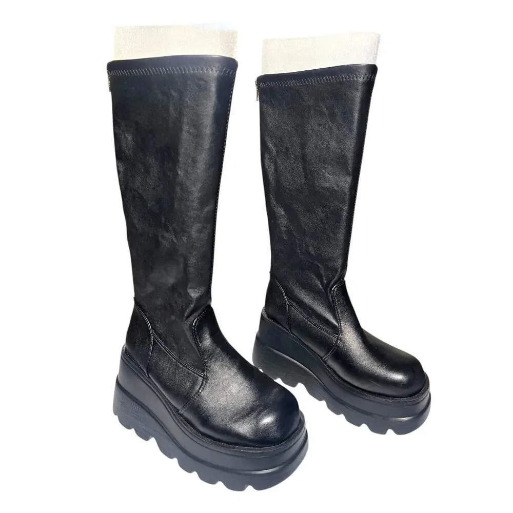 Black Knee High Platform Wedge Boots Chunky Lug Sole Back Zip Size 8.5